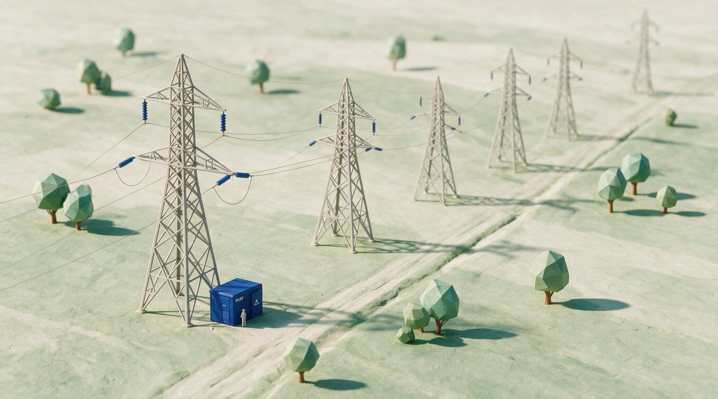 A line of transmission pylons across open country